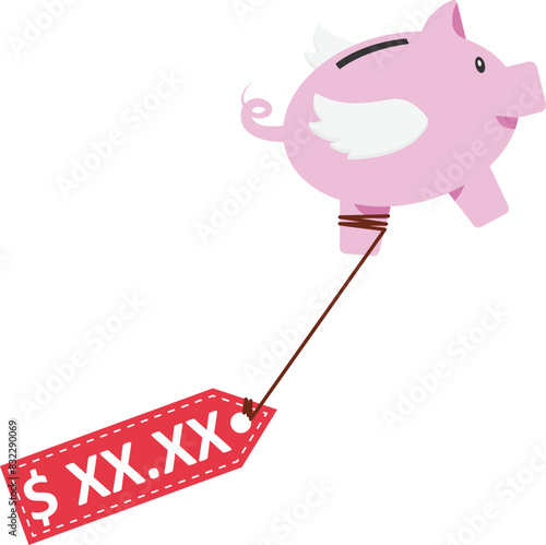 Inflation causing price rising up, overvalued stock or funds, consumer purchasing power reducing concept, coin bank tied with product price tag flying high rising up in the sky.


