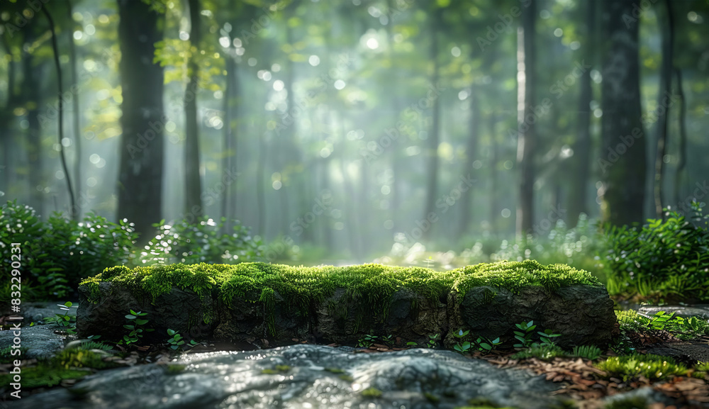 Obraz premium Natureinspired podium, moss texture, forest light, dappled light, serene atmosphere