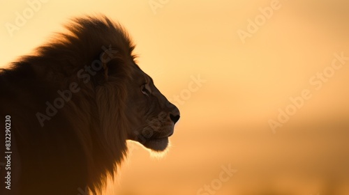 Silhouette of lion on sunset sky.