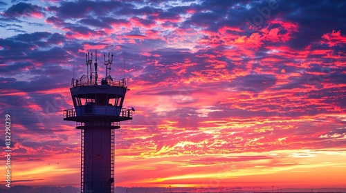 Control tower silhouette against vibrant sunset sky highlighting aviation