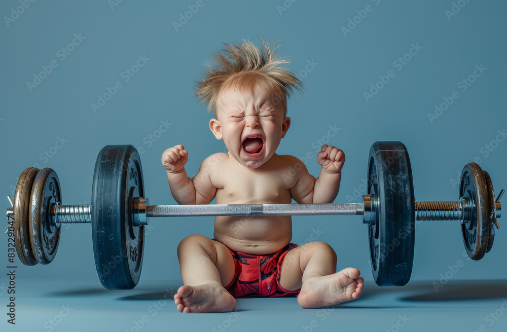A powerful caucasian baby's face is scrunched up in a determined expression lifting weights. Baby is standing with legs shoulder-width apart and arms extended in front of it, holding a barbell. A powerful caucasian baby's face is scrunched up in a determined expression lifting weights. Baby is standing with legs shoulder-width apart and arms extended in front of it, holding a barbell.