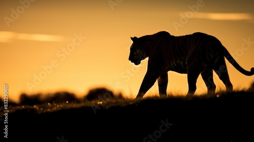 Silhouette of tiger on sunset sky.