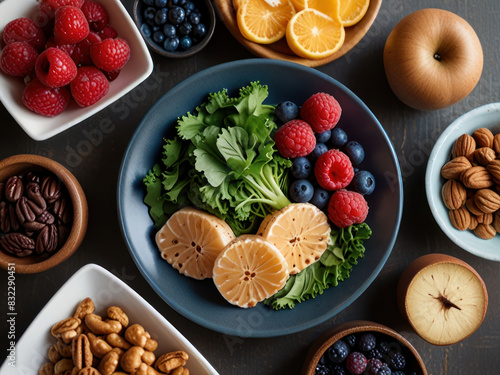 A plate filled with kidney-friendly foods, such as leafy greens, berries, fish, and nuts, highlighting the role of nutrition in maintaining kidney health. with Generative AI Technology