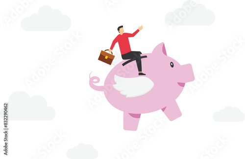 Inflation causing price rising up, overvalued stock or funds, consumer purchasing power reducing concept, coin bank tied with product price tag flying high rising up in the sky.

