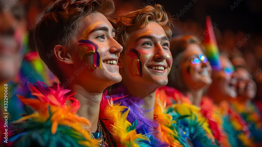PrideThemed Theater Performance with Rainbow Costumes and Stage Flag