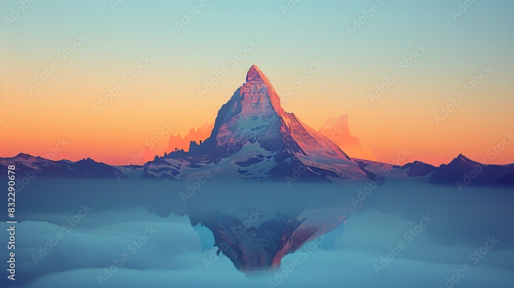 Mountain peak, snow-capped, clear sky, close up, focus on, copy space, crisp colors, Double exposure silhouette with summit