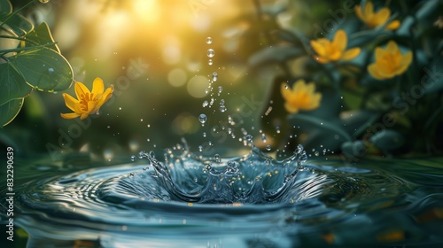 Elegant Water Splash Amidst Lush Floral Blooms  Spring Background.