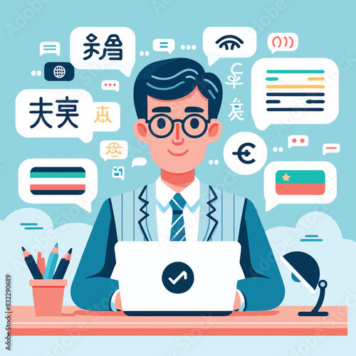 illustration of a language translator working on a laptop
