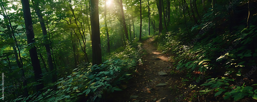 Obraz premium scenic hiking trail through a dense forest with sunlight filtering through the trees