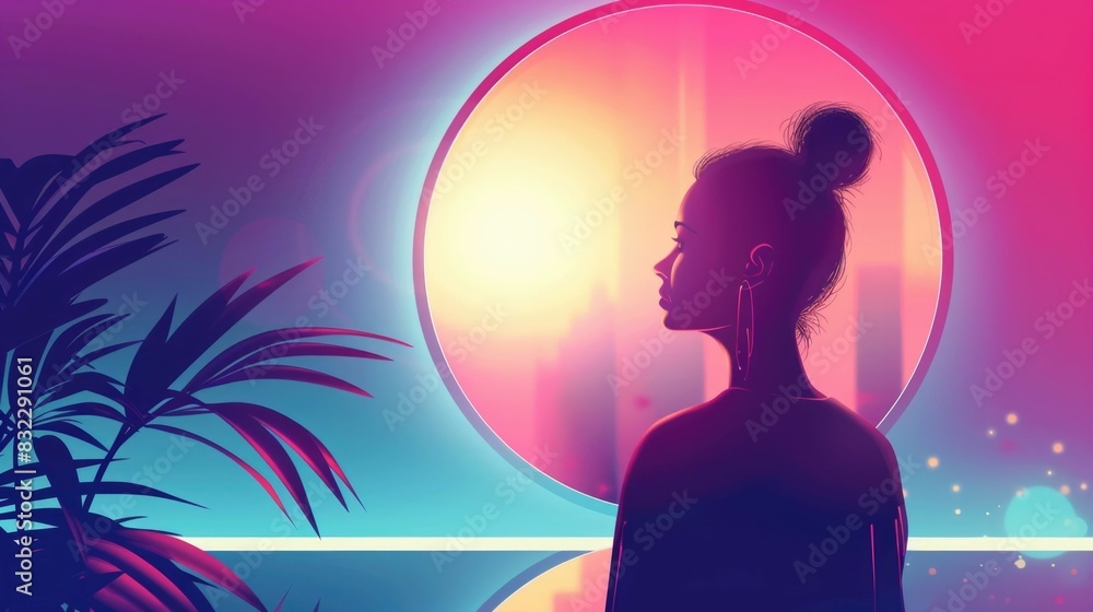 A serene depicting a woman s silhouetted profile against a vibrant sunset landscape symbolizing a journey of cosmetic self discovery and personal rejuvenation through the calming natural environment A serene depicting a woman s silhouetted profile against a vibrant sunset landscape symbolizing a journey of cosmetic self discovery and personal rejuvenation through the calming natural environment