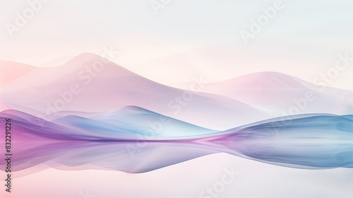 Image states of inner peace and meditation through landscapes or simple compositions. which is characterized by soft pastel tones such as light blue, light pink and smooth curves of hills calm water s photo