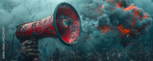 Red megaphone with barbed wire, on a dark background with smoke effects, leaving space for text photo
