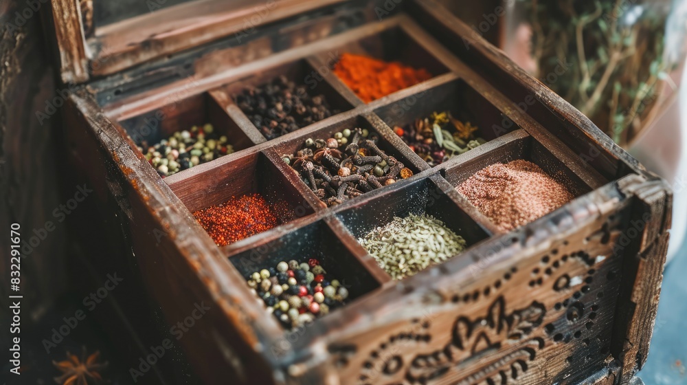 a wooden box overflowing with a vibrant assortment of spices and herbs, each detail meticulously captured to showcase their rich colors and textures. a wooden box overflowing with a vibrant assortment of spices and herbs, each detail meticulously captured to showcase their rich colors and textures.