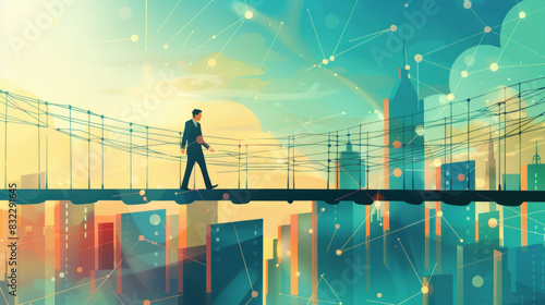 Elegant minimalist illustration of a businessman navigating a graph bridge over a city skyline, capturing themes of financial strategy and urban business growth.