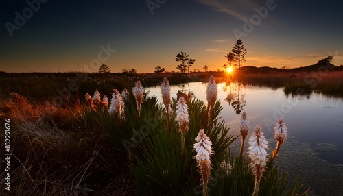 sunrise over swamp with bog asphodel flowers photo