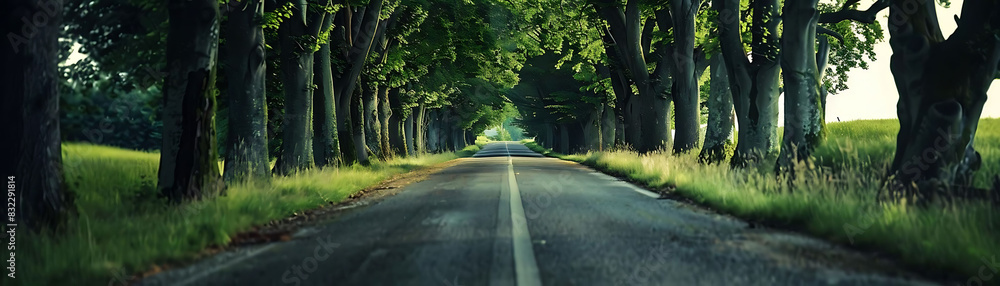 scenic tree - lined road in a rural landscape with tall trees and green grass, marked by a white line scenic tree - lined road in a rural landscape with tall trees and green grass, marked by a white line