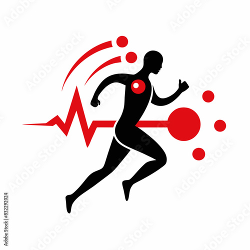 Vector illustration of a man in running  joints pain with cardiogram. Highlighted joints in a red circle 
