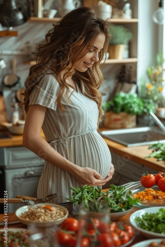 Young pregnant woman looks and holds her stomach in the kitchen  baby kicks in her stomach