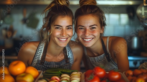 LGBTQ Couple Cooking Together in Modern Kitchen with PRIDE Aprons photo