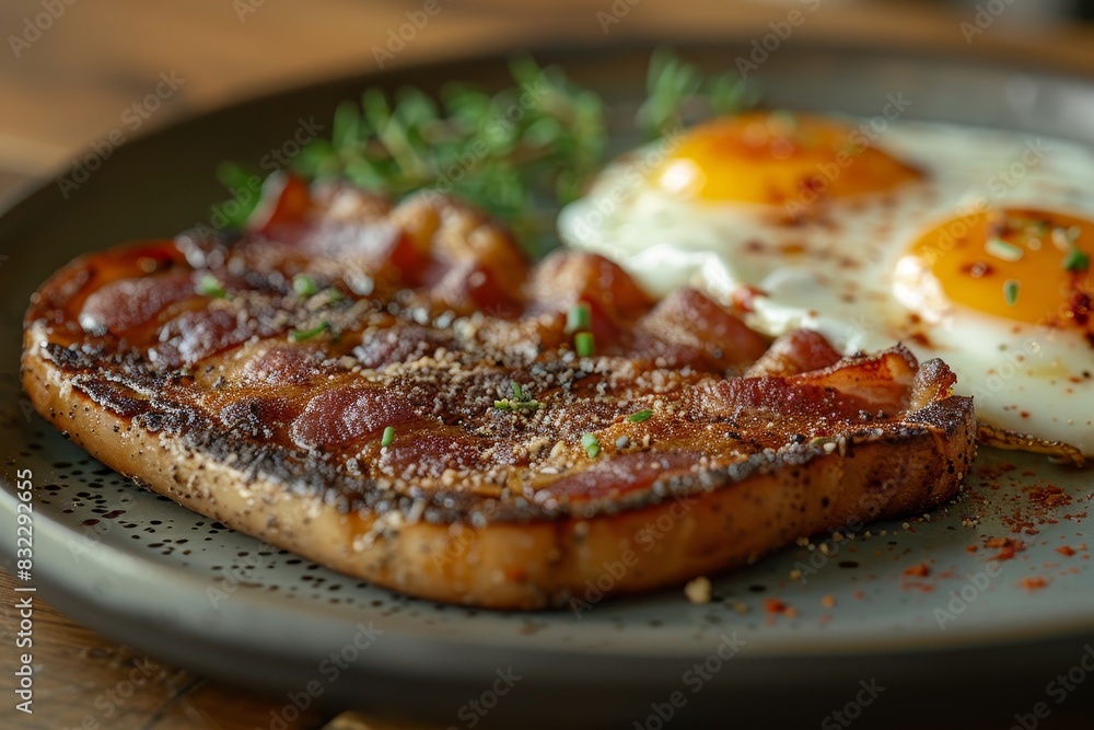 Bacon and Eggs - Crispy bacon and sunny-side-up eggs on a plate. Bacon and Eggs - Crispy bacon and sunny-side-up eggs on a plate.