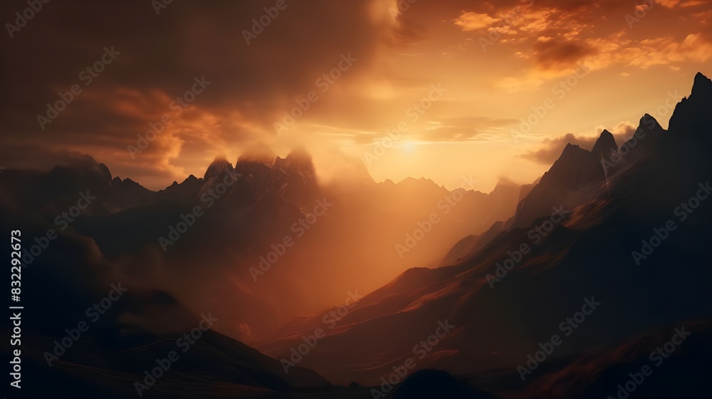 Naklejka premium Serene Sunset Over Mountain Range
