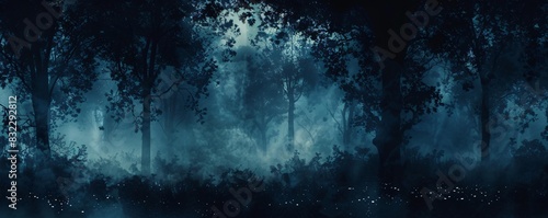 Enigmatic scenery of a dim, foggy woodland with twisted tree silhouettes and a delicate blue twilight ambiance, evoking a feeling of enchantment, imagination, and mystery photo