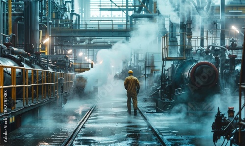 Workers in a power plant wear protective equipment Surrounded by machinery and steam photo