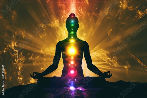  Yoga space concept. Young woman seats in a lotus position. Colorful chakras on body. Mudra Yoga Energy. human in yoga pose with chakras. Human energy body  aura  chakra in meditation. Yoga.
