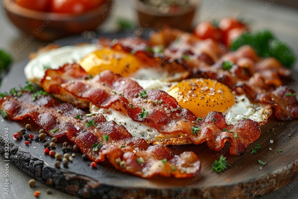 Bacon and Eggs - Crispy bacon and sunny-side-up eggs on a plate. Bacon and Eggs - Crispy bacon and sunny-side-up eggs on a plate.