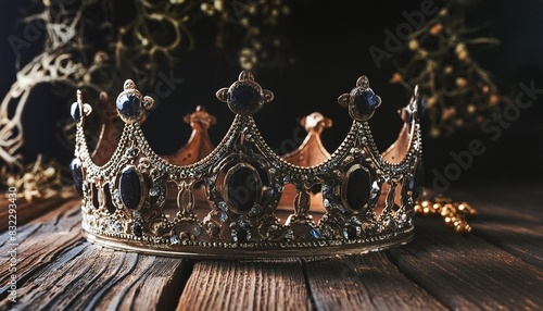 low key image of beautiful queen or king crown fantasy medieval period photo