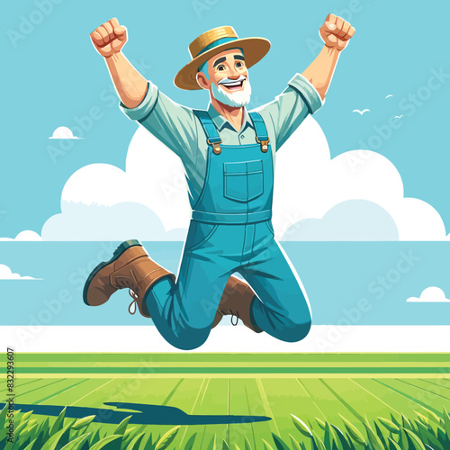 Cartoon of a farmer jumping with joy for a successful harvest