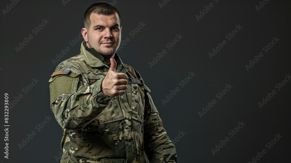 Man in military uniform gives thumbs up to camera on gray-black background Man in military uniform gives thumbs up to camera on gray-black background