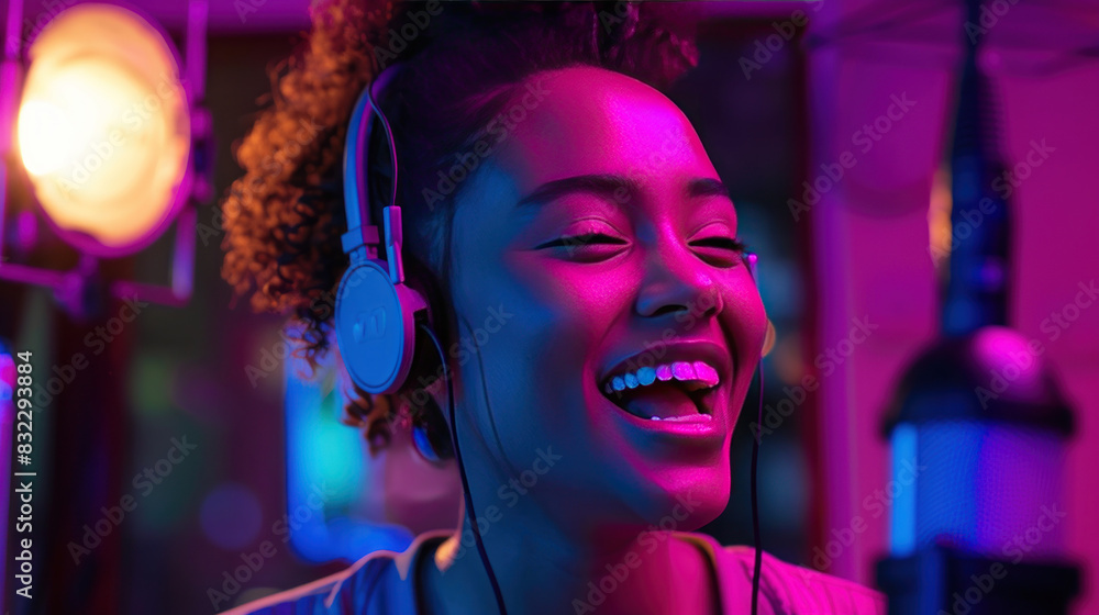 Happy young woman hosting an audio broadcast, animatedly speaking into the microphone in a studio bathed in neon purple light, capturing her enthusiasm and joy. Happy young woman hosting an audio broadcast, animatedly speaking into the microphone in a studio bathed in neon purple light, capturing her enthusiasm and joy.