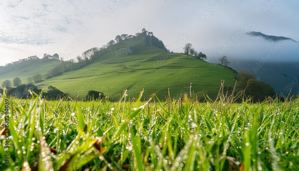 frontal low angle view of a continental apex a green meadow with hills full of dew drops