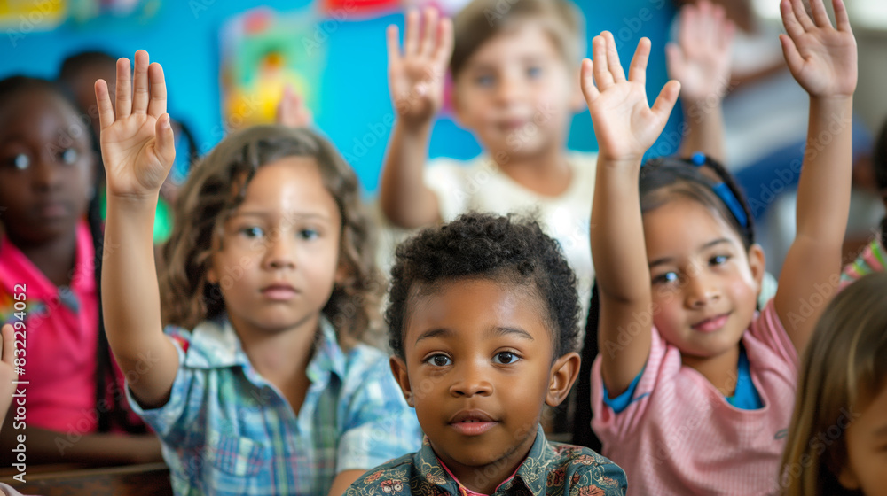 Young students participate in a class by enthusiastically raising their hands, eager to answer or ask Young students participate in a class by enthusiastically raising their hands, eager to answer or ask