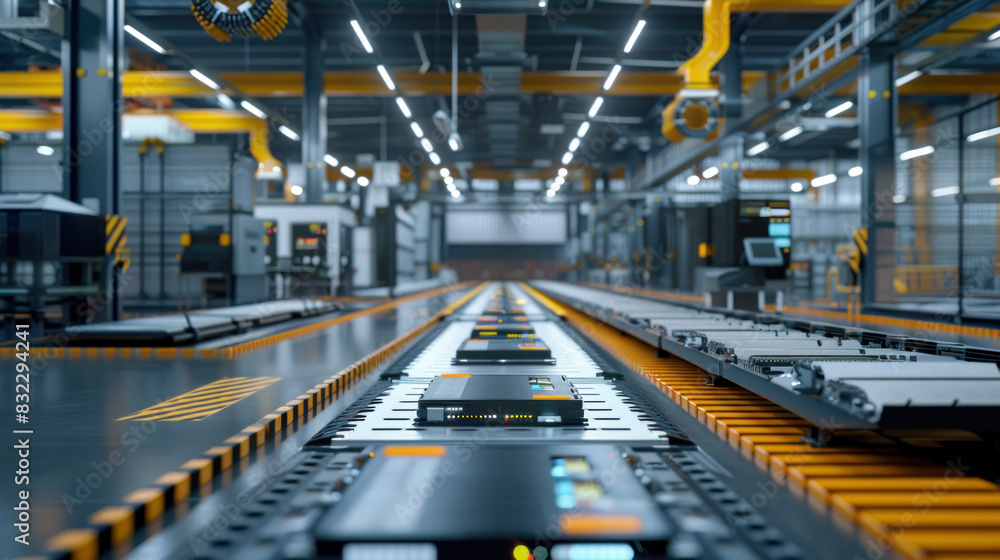 Fototapeta premium Industrial scene of a high-tech factory producing lithium-ion battery modules for EVs and hybrid cars, illustrating the efficiency and scale of modern battery manufacturing.