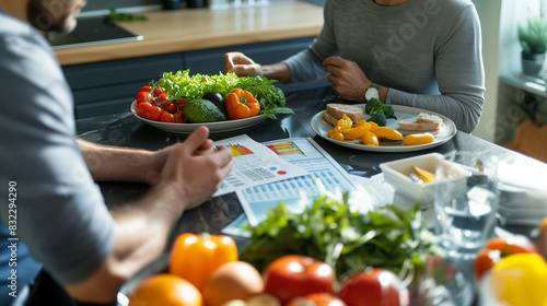 Fitness coach and client discussing a nutrition plan with fresh vegetables and charts on the table  illustrating personalized health and fitness consultation