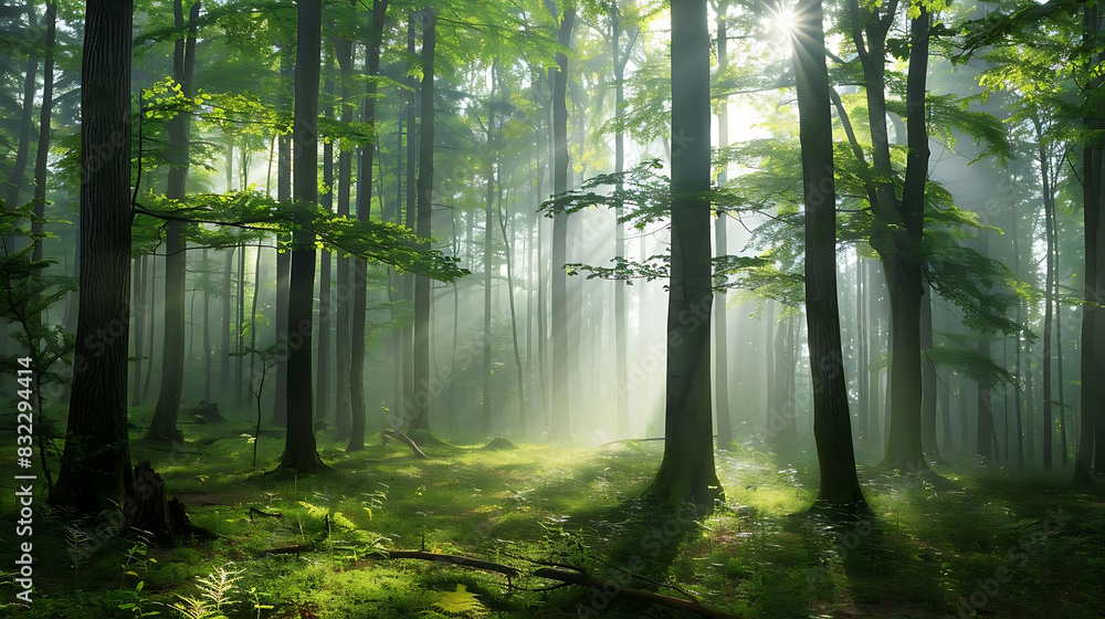 Obraz premium serene forest with misty trees in the morning light