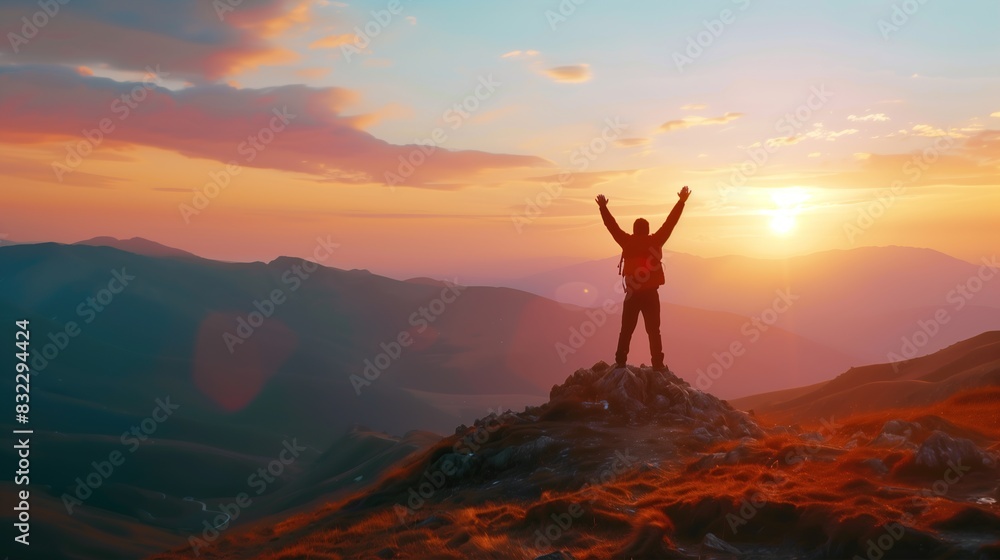 Man with arms up celebrating on top of the mountains - Hiker enjoying freedom on a hill at sunset - Freedom, sport, success and mental health concept Man with arms up celebrating on top of the mountains - Hiker enjoying freedom on a hill at sunset - Freedom, sport, success and mental health concept