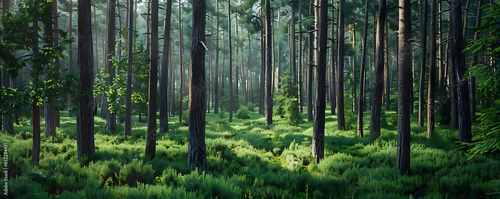 serene forest with tall pine trees and lush undergrowth serene forest with tall pine trees and lush undergrowth