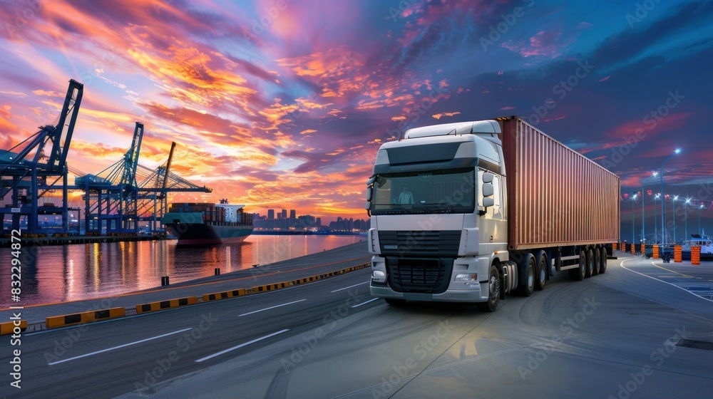 Imagining a transportation and logistics concept image with a truck that lets you see an harbor with container ships that are super-resolution as well Imagining a transportation and logistics concept image with a truck that lets you see an harbor with container ships that are super-resolution as well