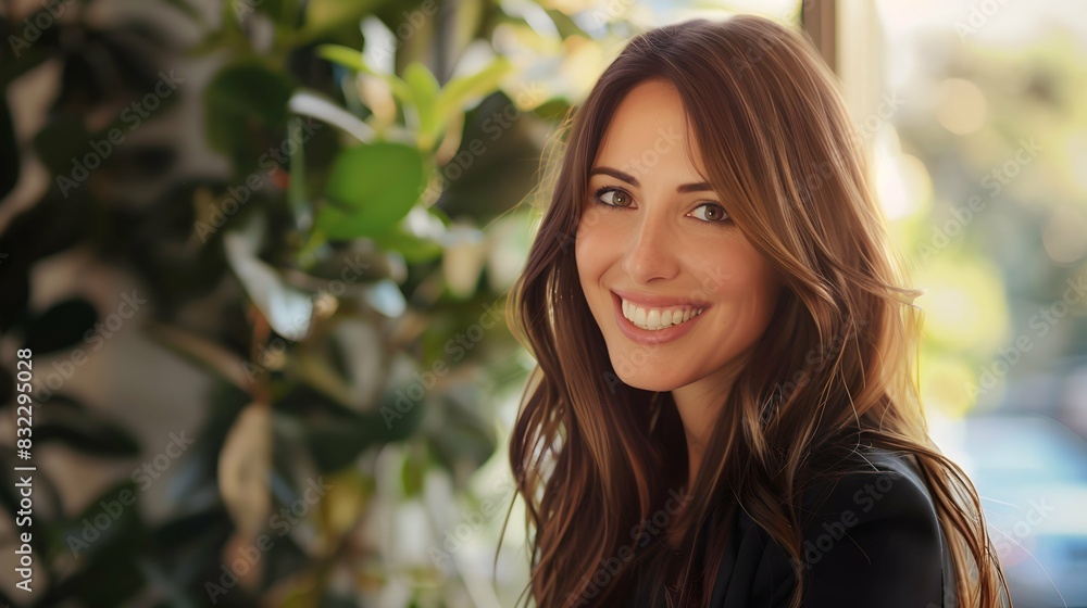 Smiling businesswoman with long brown hair Smiling businesswoman with long brown hair
