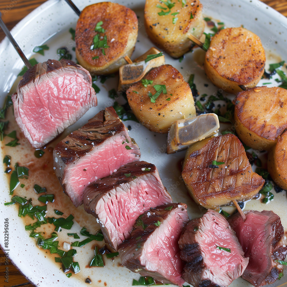 Grilled wagyu beef steak served with baked potatoes on plate Grilled wagyu beef steak served with baked potatoes on plate