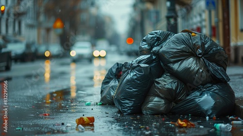 Pile of garbage bags on city street showing urban waste management problem photo