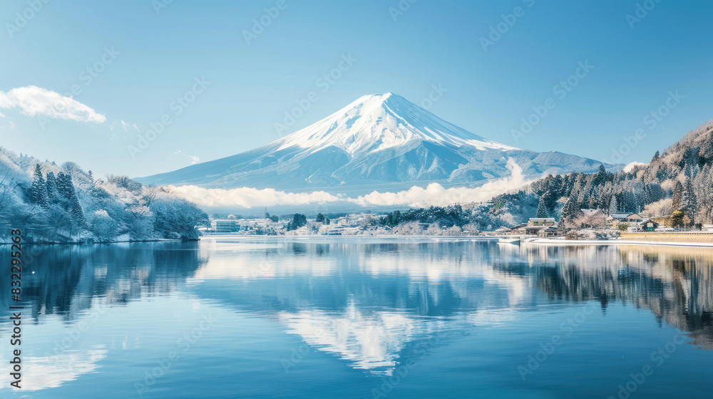 Majestic view of Mount Fuji by Lake Kawaguchi in winter, blanketed in snow with the serene lake reflecting the iconic peak under a clear blue sky. Majestic view of Mount Fuji by Lake Kawaguchi in winter, blanketed in snow with the serene lake reflecting the iconic peak under a clear blue sky.