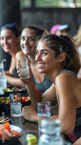 Group fitness class taking a break  participants smiling and drinking water  showcasing the camaraderie and refreshment during a workout session