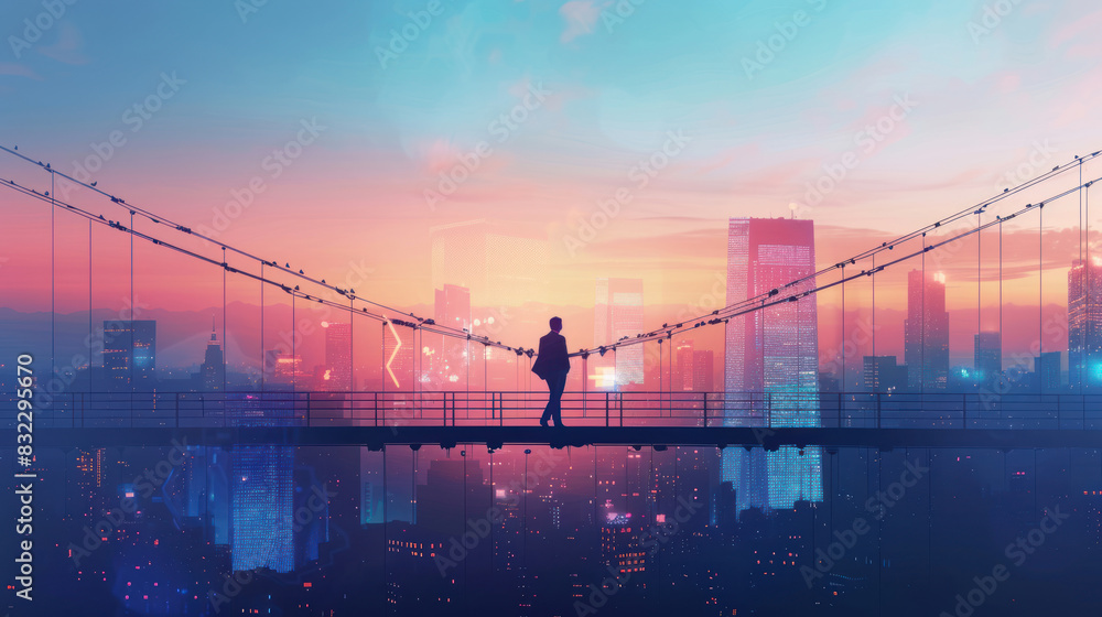 Obraz premium Minimalist design of a businessman crossing a financial graph bridge, set against a city skyline at dusk, symbolizing progress and growth in a sleek composition.