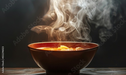 A bowl of hot soup with aromatic steam floating on top. photo