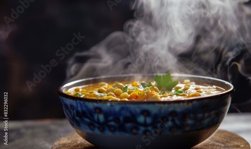 A bowl of hot soup with aromatic steam floating on top.