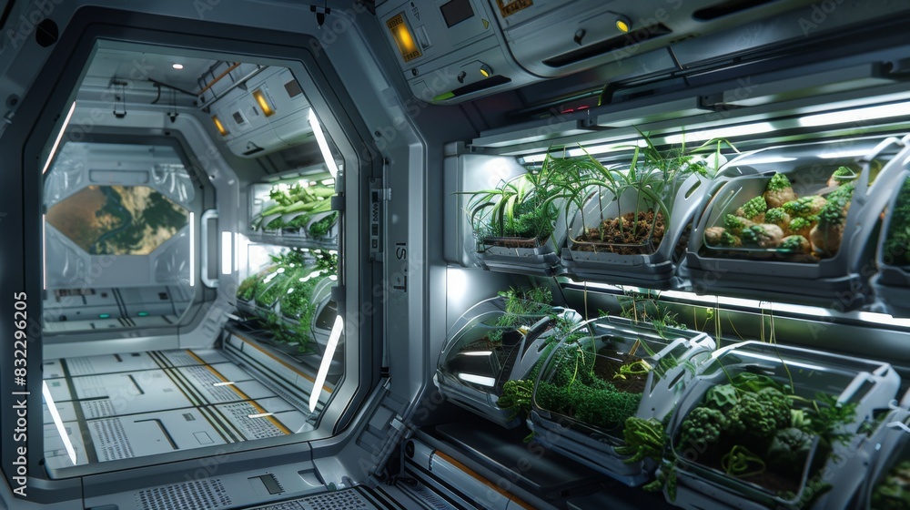 Modular farming modules aboard a spacecraft, illustrating futuristic agriculture for long-duration space missions and colonization. --ar 16:9 --style raw Job ID: 32d89e0c-ac29-4e4a-8d3e-381d6d90c226